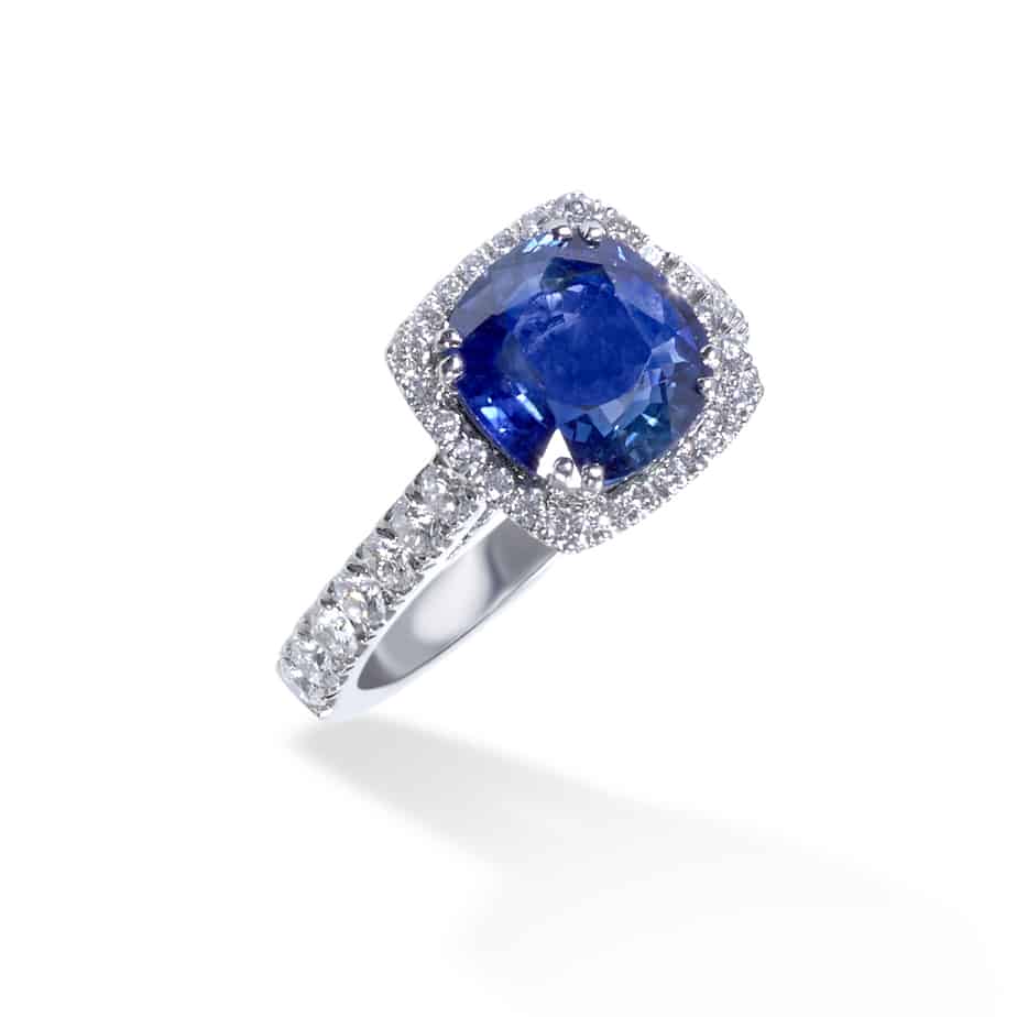 Cushion Cut Sapphire and Microset Diamond Cluster Ring in Platinum