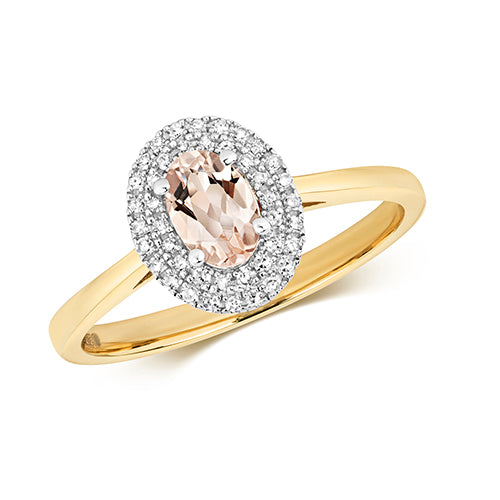 Oval-Cut Morganite Double Diamond Halo Engagement Ring in 9ct Yellow Gold