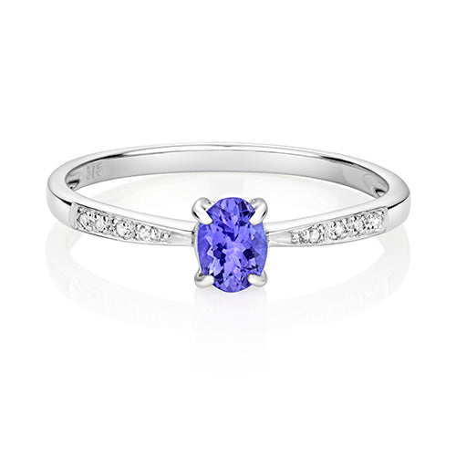 0.31ct Delicate Oval Tanzanite Diamond Shoulder Engagement Ring in 9ct White Gold