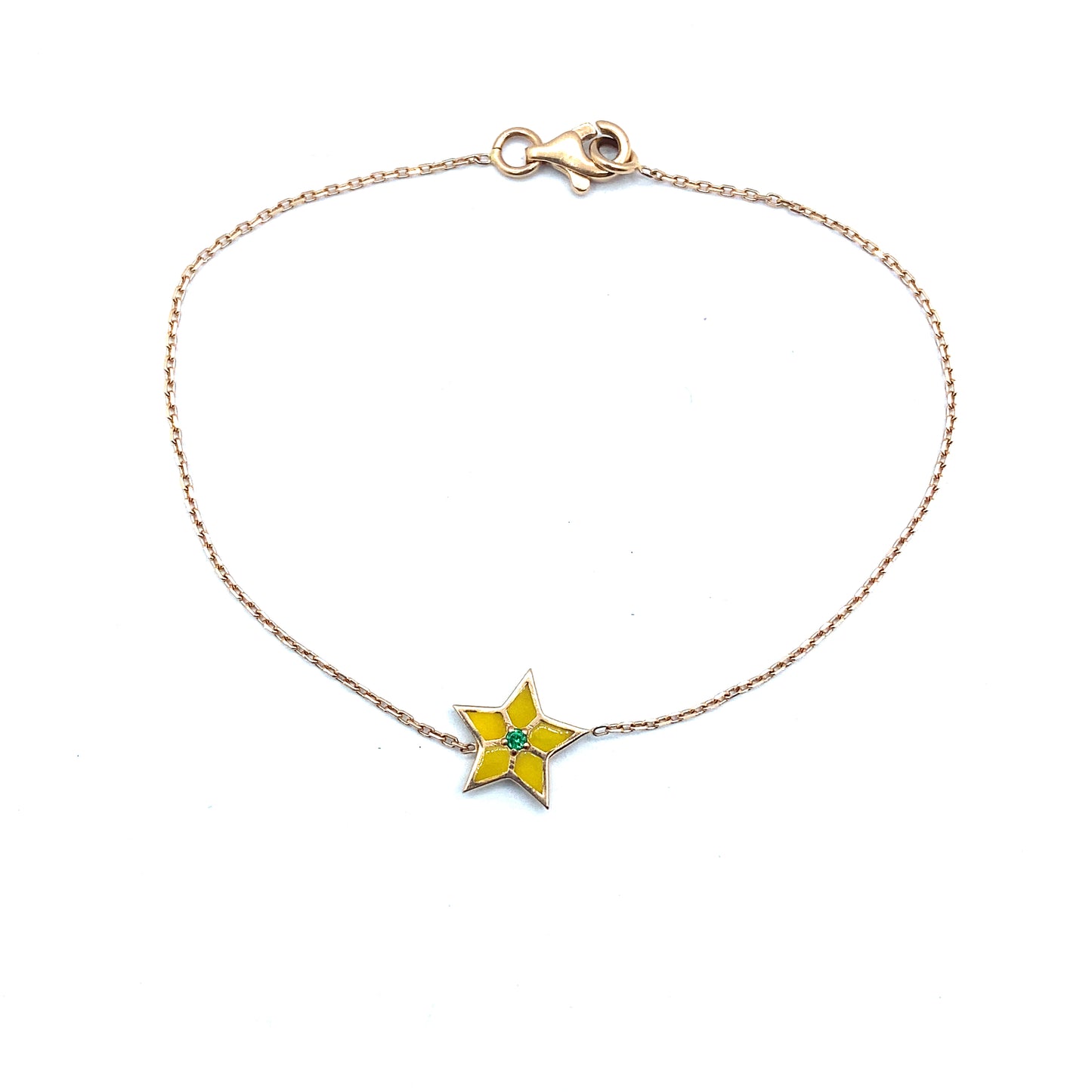 Emerald and Yellow Sapphire, Yellow and Pink Enamel, 14ct Rose Gold Star Charm Bracelet