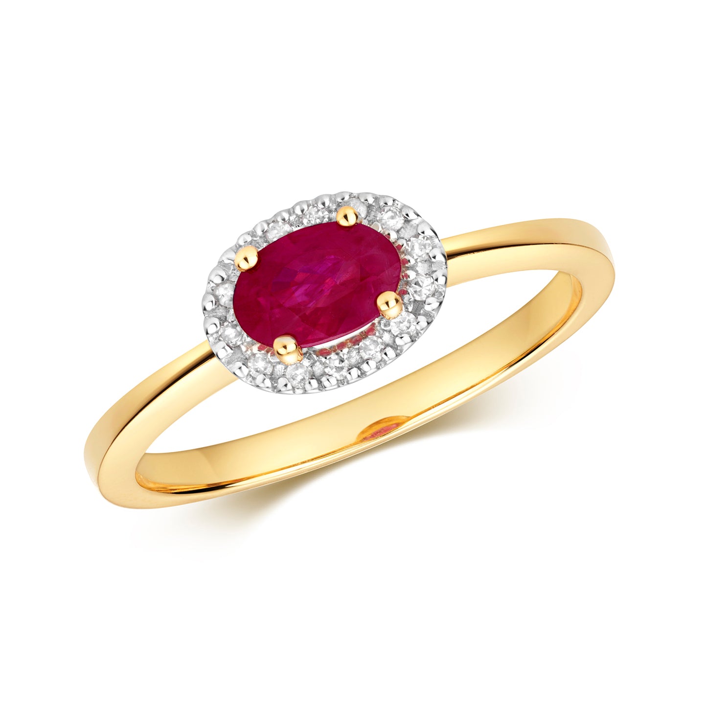 0.63ct Oval Ruby Diamond Halo East-West Engagement Ring in 9ct Yellow Gold