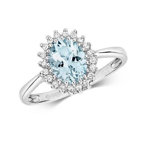 0.95ct Oval Aquamarine Diamond Star Halo Engagement Ring in 9ct White Gold