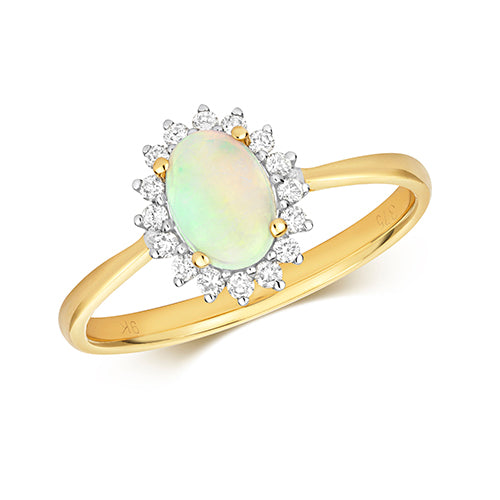 0.46ct Oval Opal Diamond Star Halo Engagement Ring in 9ct Yellow Gold