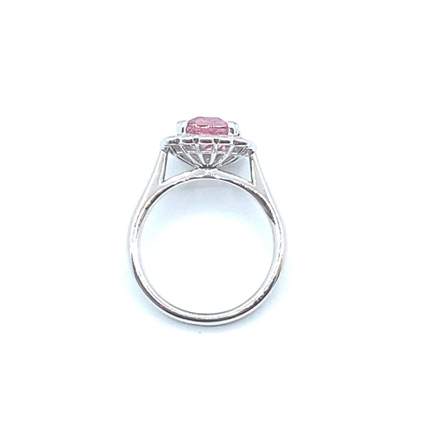 Cushion Cut Pink Tourmaline Scallop Set Diamond Halo Platinum Ring