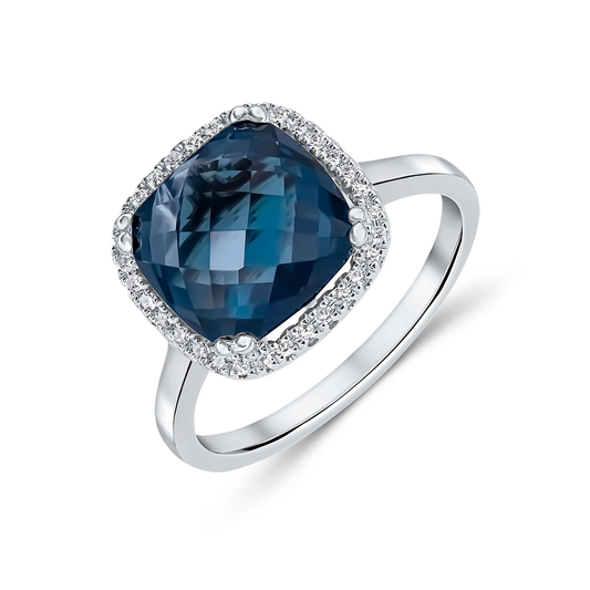 Cushion London Blue Topaz & Diamond Cluster Ring in 9ct White Gold