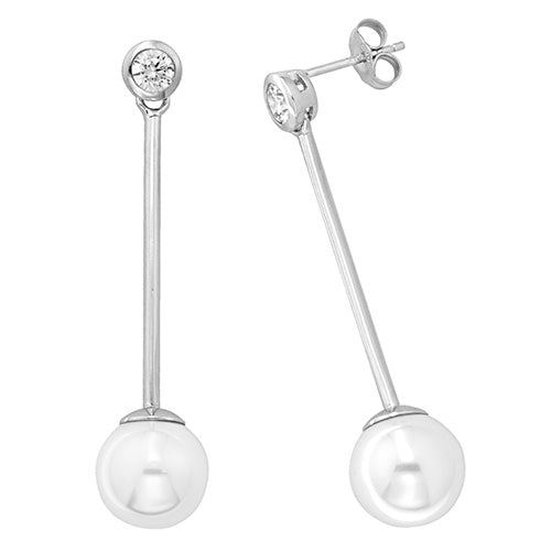 925 Sterling Silver Cubic Zirconia Pearl Long Bar Drop Earrings