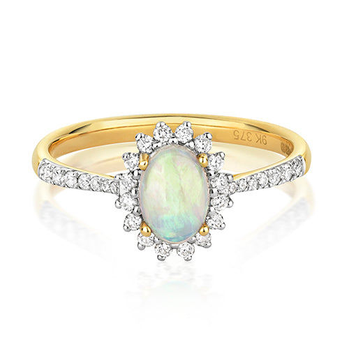 0.46ct Oval Opal Diamond Star Halo and Shoulders in 9ct Yellow Gold