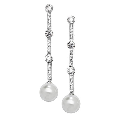 925 Sterling Silver Cubic Zirconia Pearl Long Drop Earrings