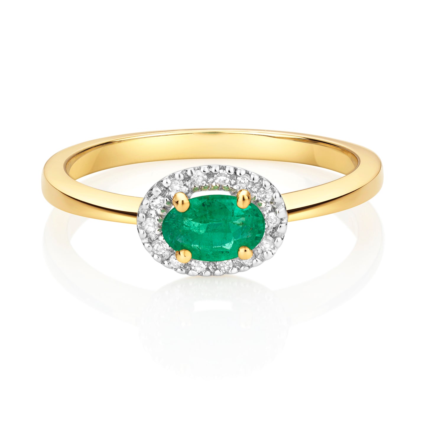 0.63ct Oval Emerald Diamond Halo East-West Engagement Ring in 9ct Yellow Gold