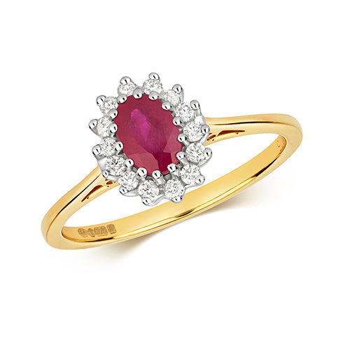 0.42ct Ruby Diamond Halo Cluster Engagement Ring in 9ct Yellow Gold