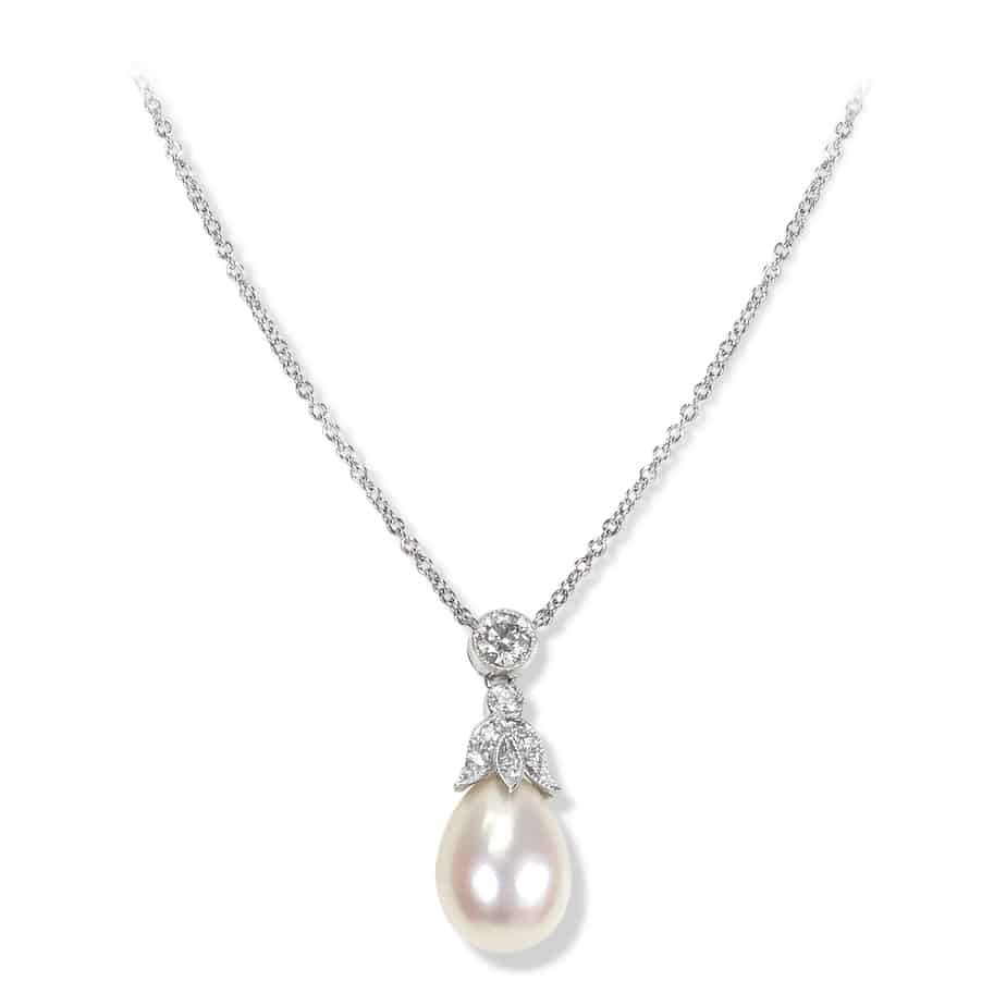 18ct White Gold Trefoil Pearl and Diamond Drop Pendant