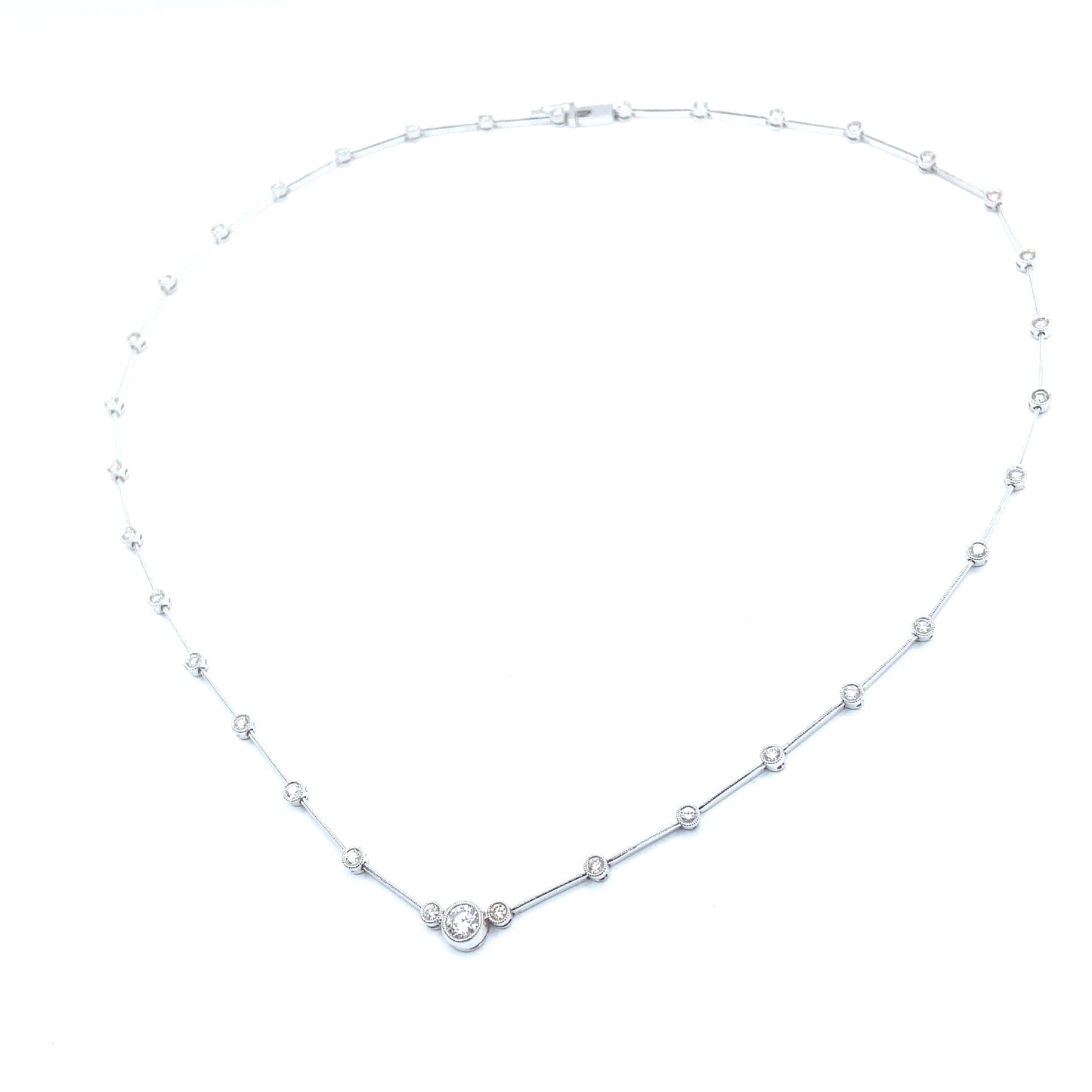 Vintage Bezel Set Diamond Line-Bar Necklace in 14ct White Gold