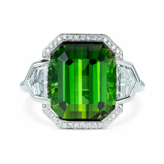 Green Tourmaline Diamond Halo Ring 18k White Gold