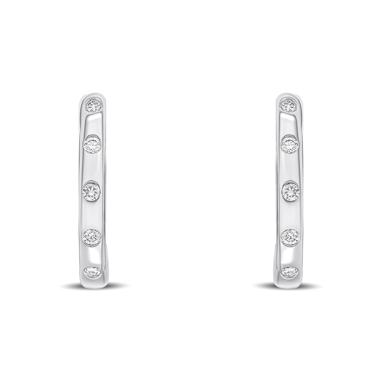 Round Diamond Flush Set Oval Hinged Huggy Hoop Earrings in 18ct White Gold