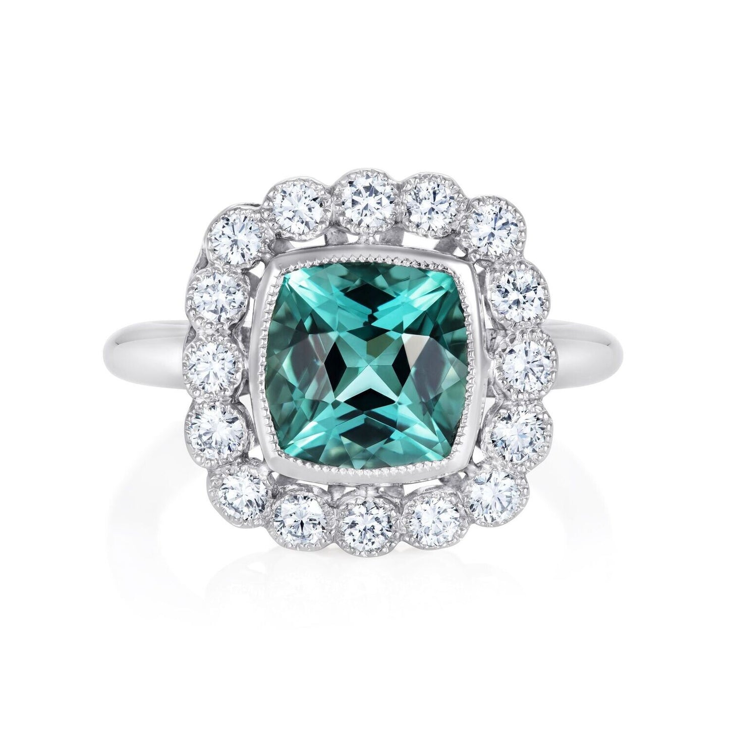 Platinum 4ct Teal Tourmaline Diamond Halo Ring