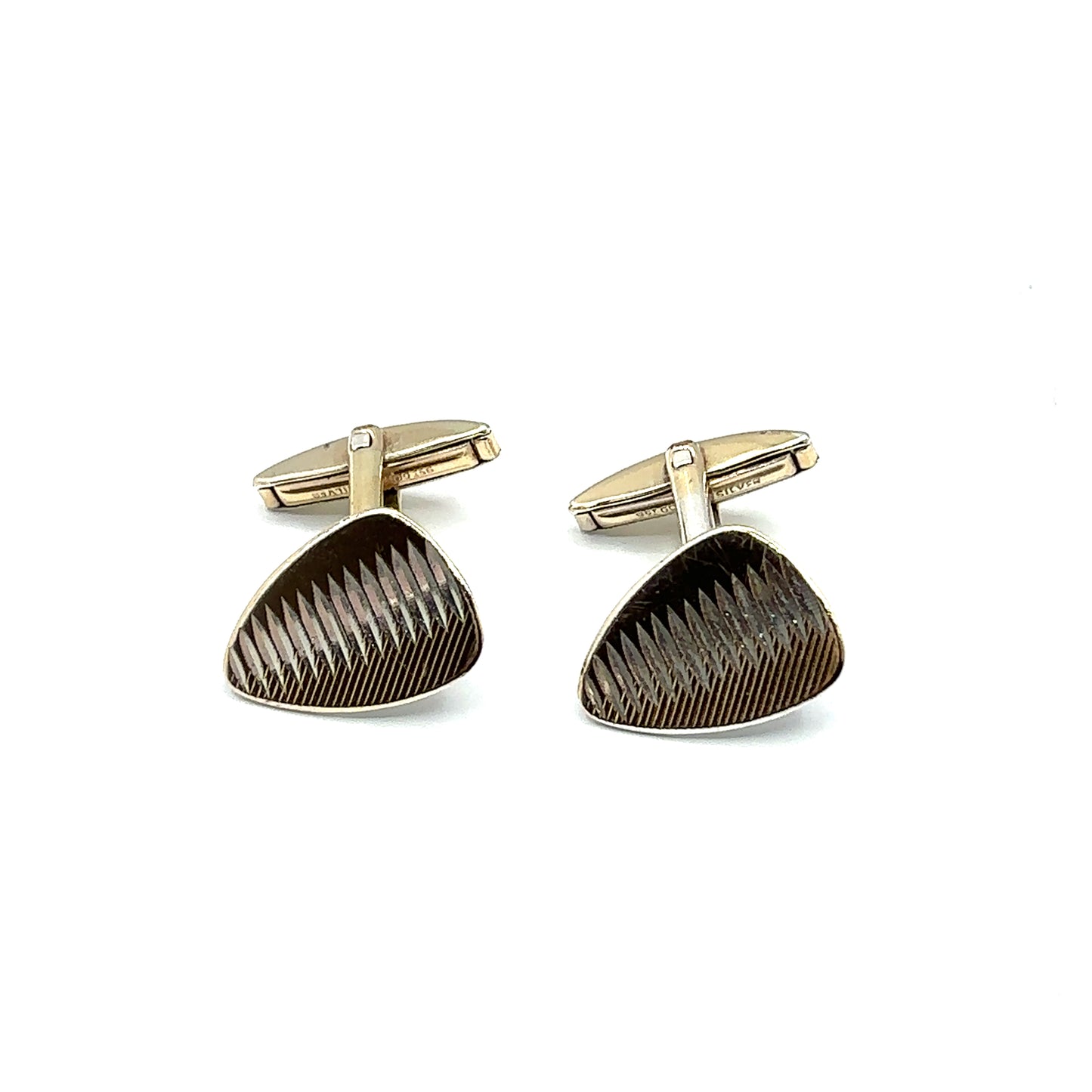 Vintage Sterling Silver Engraved, Gold Plated Plectrum Shape Cufflinks