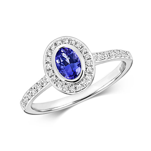 0.44ct Oval Tanzanite Diamond Halo Bezel Set Engagement Ring in 9ct White Gold