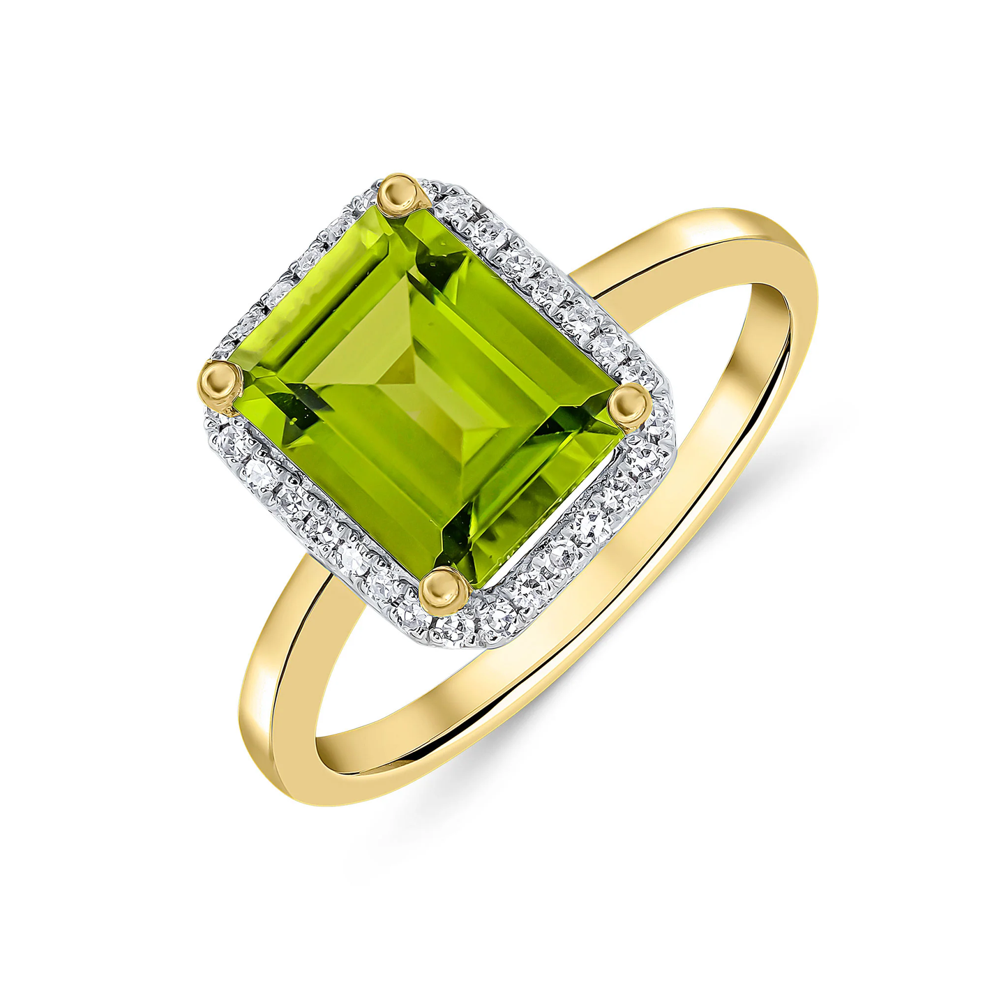 Octagonal Peridot & Diamond Cluster Ring 9x7mm in 9ct Yellow Gold