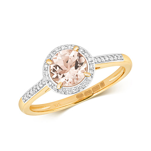 Round Brilliant Morganite Diamond Halo Engagement Ring in 9ct Yellow Gold