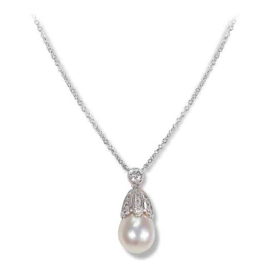 18ct White Gold Rhobiny Pearl and Diamond Pendant