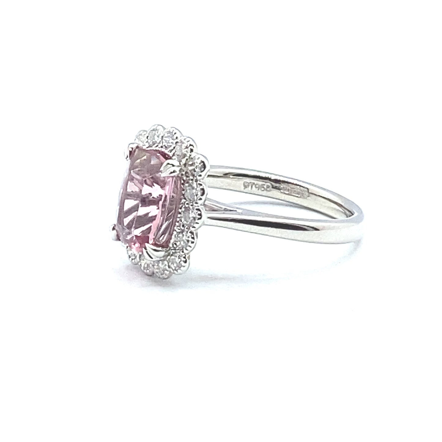 Cushion Cut Pink Tourmaline Scallop Set Diamond Halo Platinum Ring