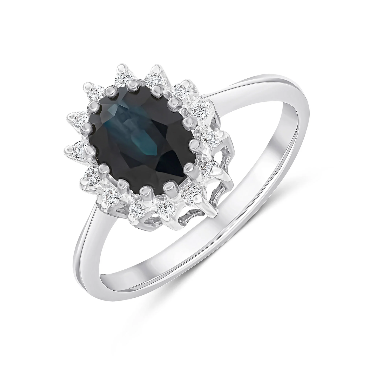 Oval Blue Sapphire & Diamond Cluster Ring 8x6mm in 9ct White Gold