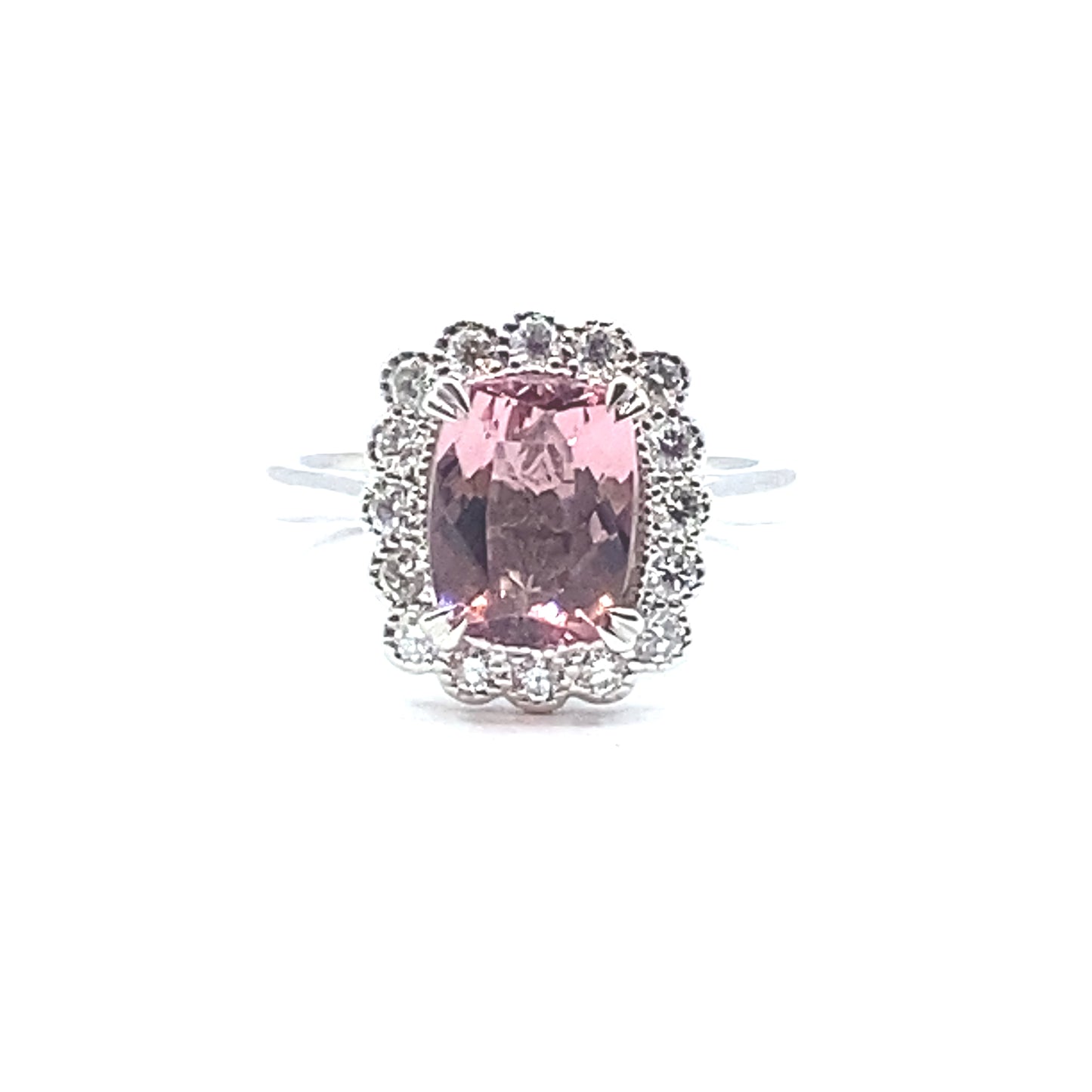 Cushion Cut Pink Tourmaline Scallop Set Diamond Halo Platinum Ring