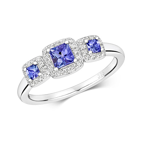 0.60ct Trilogy Princess Cut Tanzanite Diamond Engagement Ring in 9ct White Gold