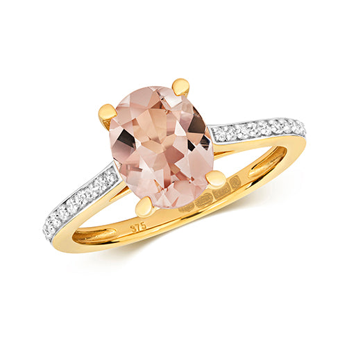 Oval-Cut Morganite Diamond Shoulder Engagement Ring in 9ct Yellow Gold