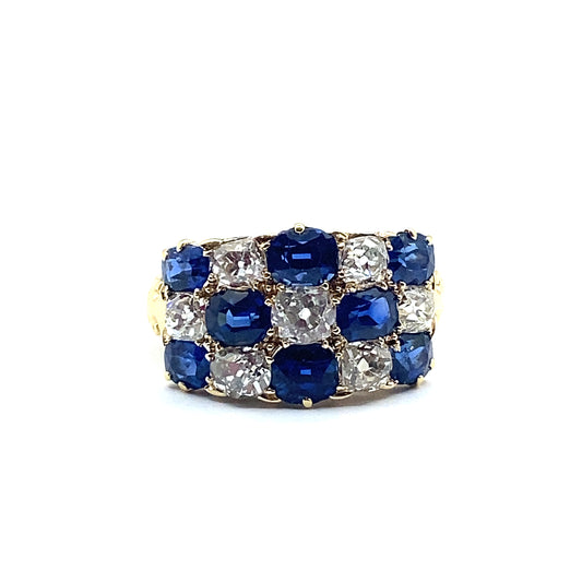 Vintage Sapphire & Diamond Chequer Board 18ct Gold Ring