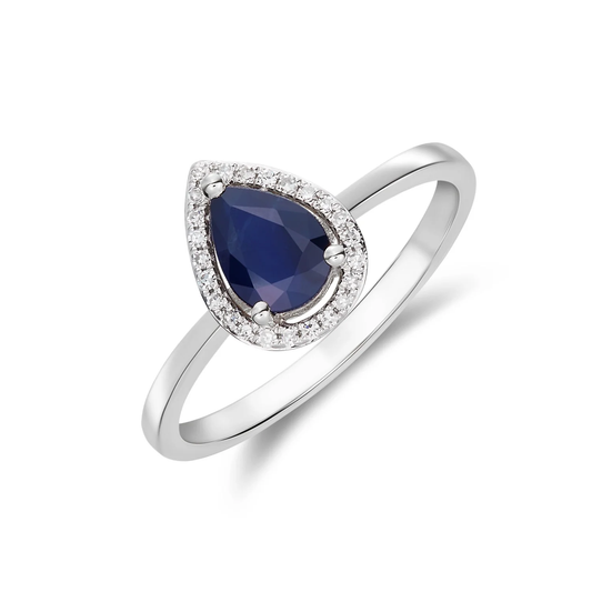 Pear Shaped Blue Sapphire & Diamond Cluster Ring 7x5mm in 9ct White Gold