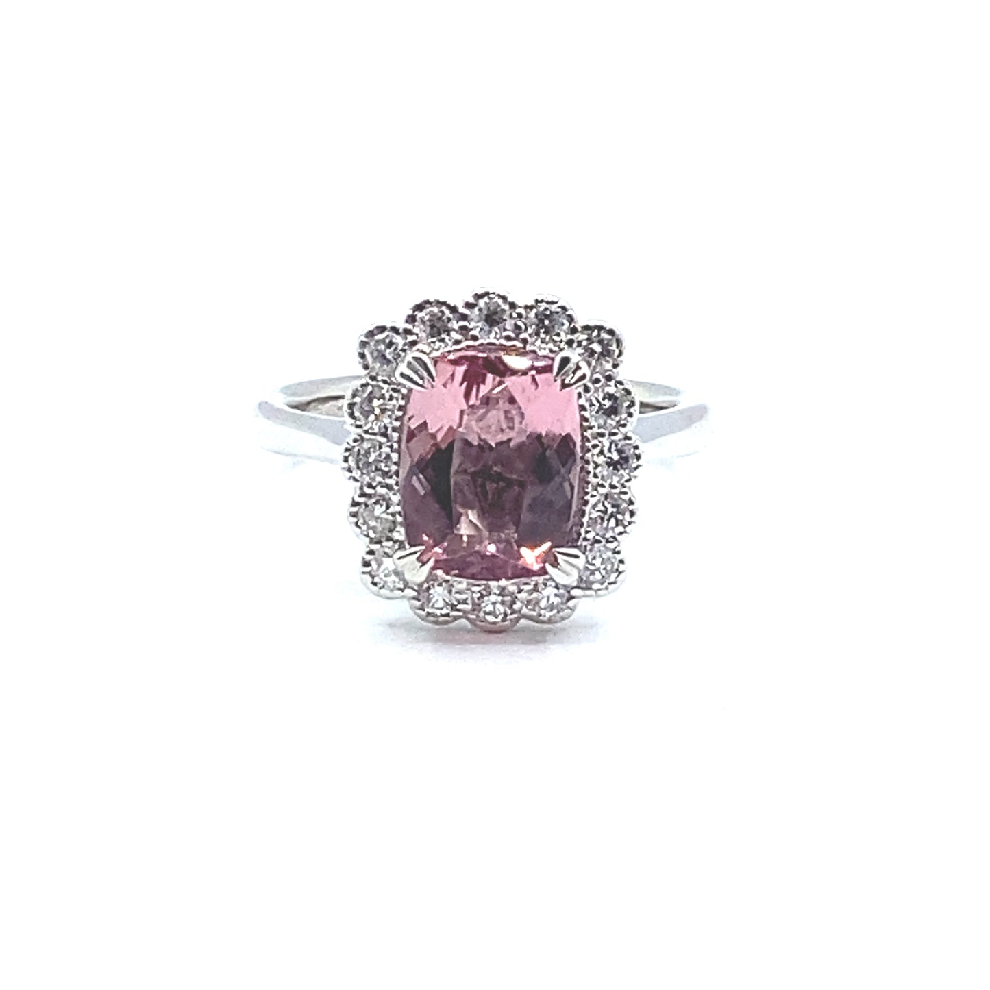 Cushion Cut Pink Tourmaline Scallop Set Diamond Halo Platinum Ring