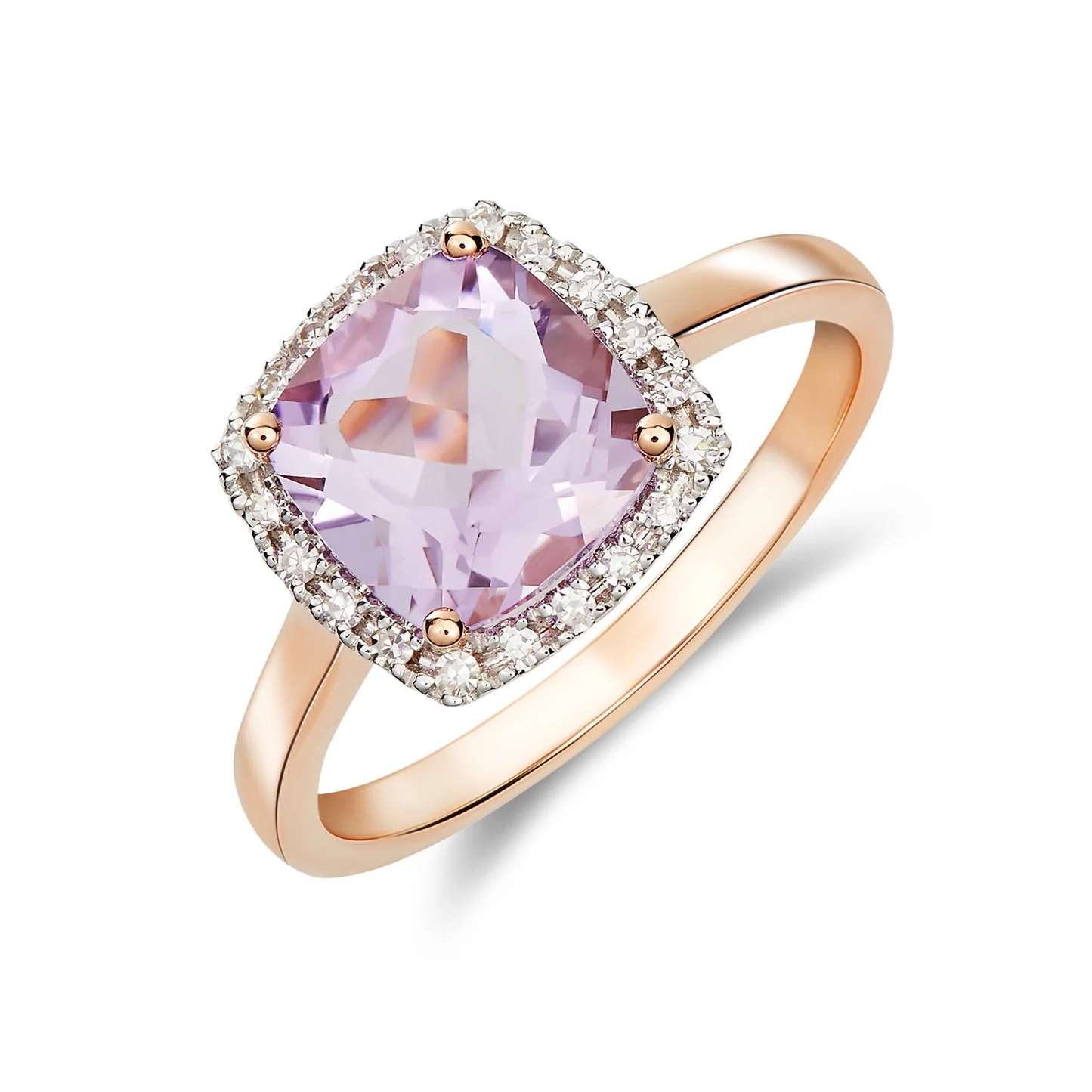 Cushion Pink Amethyst & Diamond Cluster Ring in 9ct Rose Gold