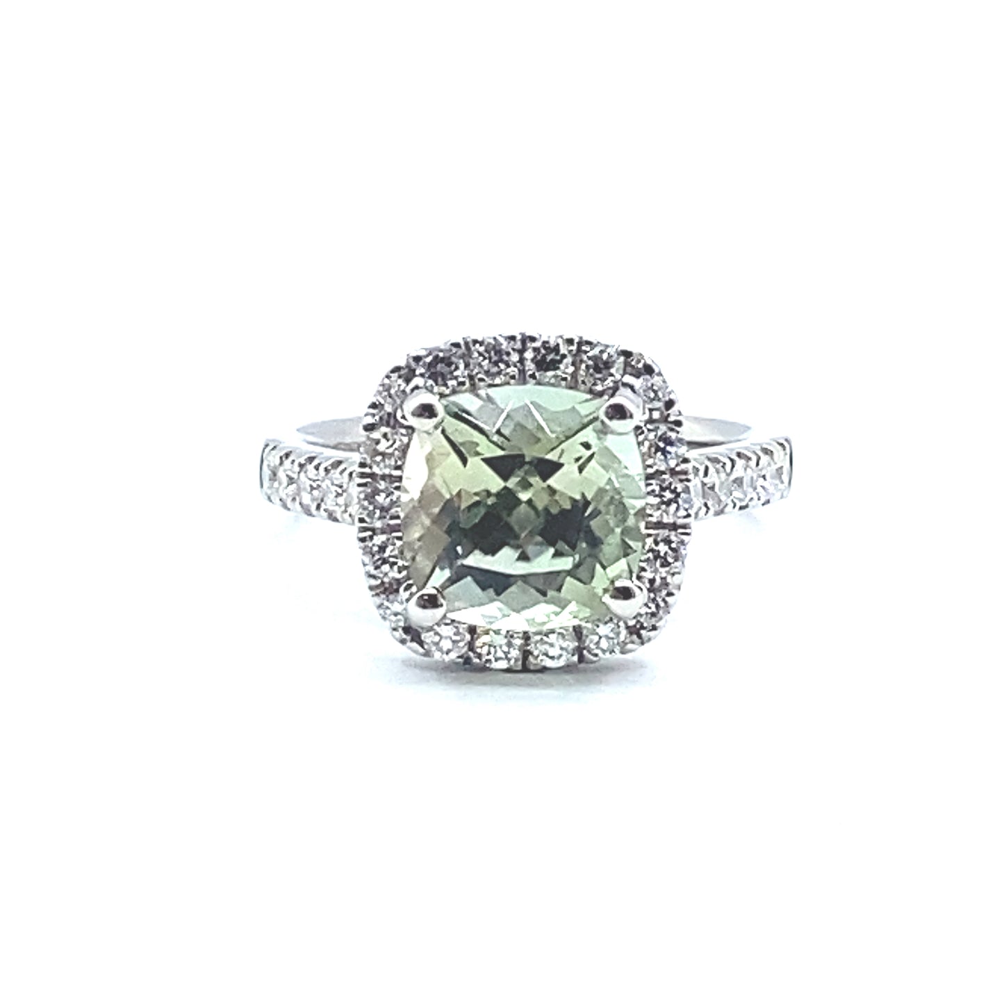 Square Cushion Cut Mint Green Tourmaline Diamond Halo Diamond Set Shoulders Ring in Platinum