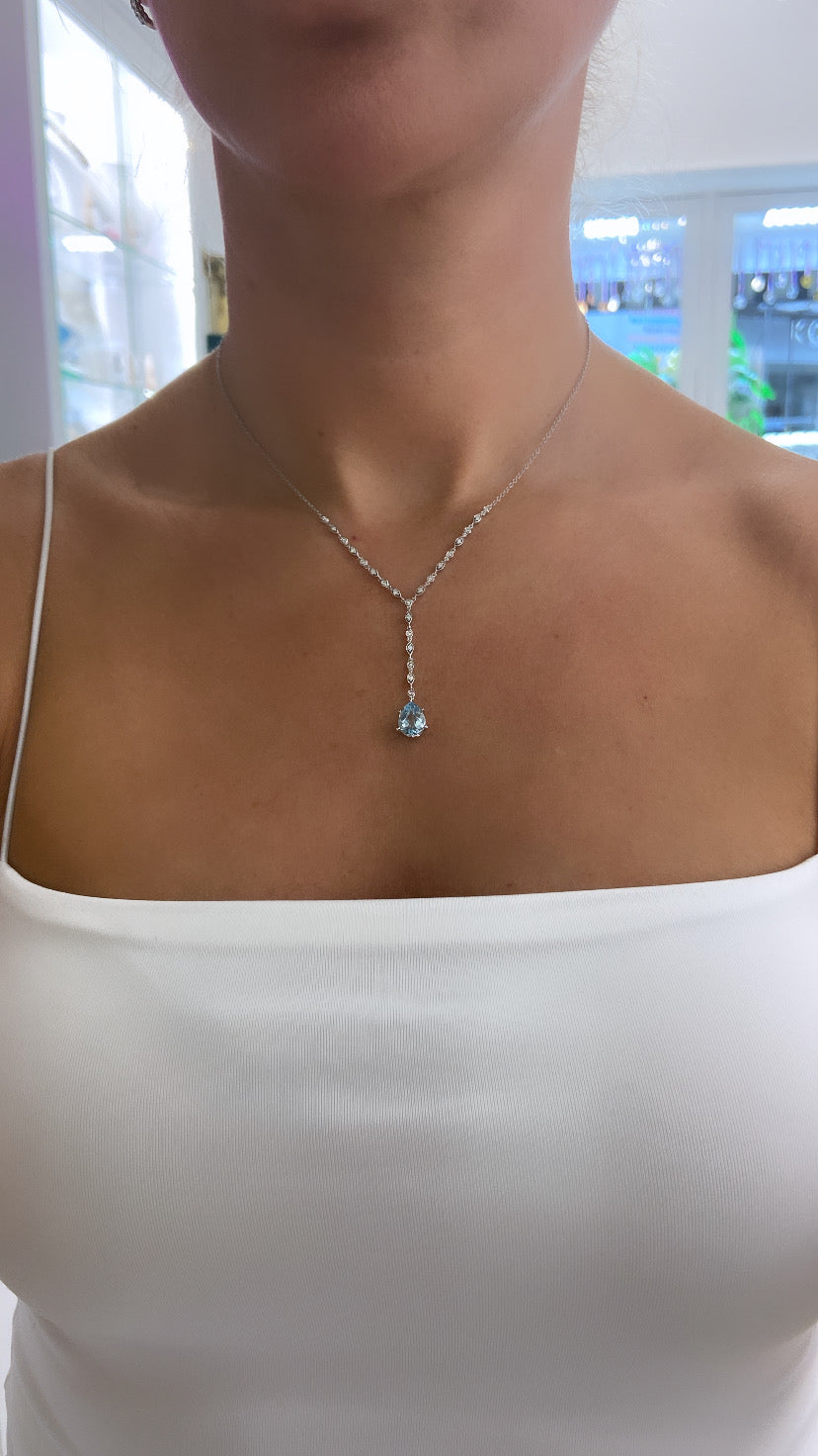 9ct White Gold Diamond & Aquamarine Necklace, Pear Cut Aqua