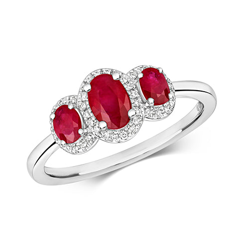 0.97ct Oval Ruby Diamond Halo Trilogy Engagement Ring in 9ct White Gold