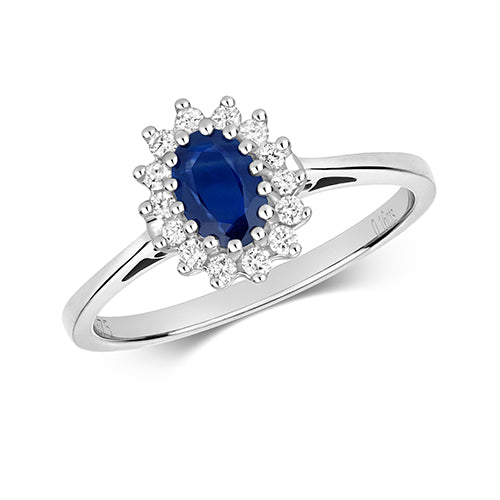 0.52ct Sapphire Diamond Halo Cluster Engagement Ring in 9ct White Gold