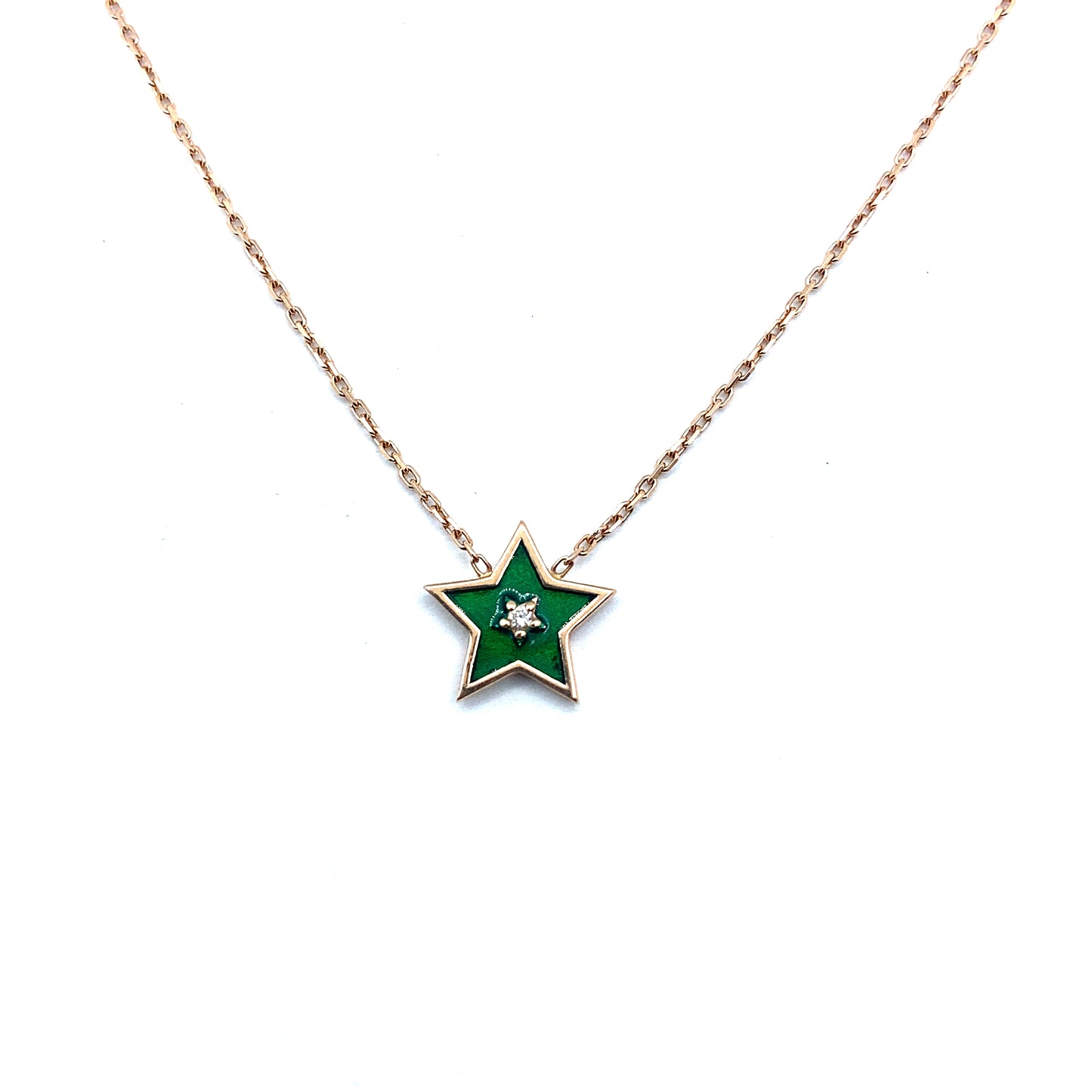 Emerald and Diamond, Green and White Enamel, 14ct Rose Gold Star Pendant Necklace