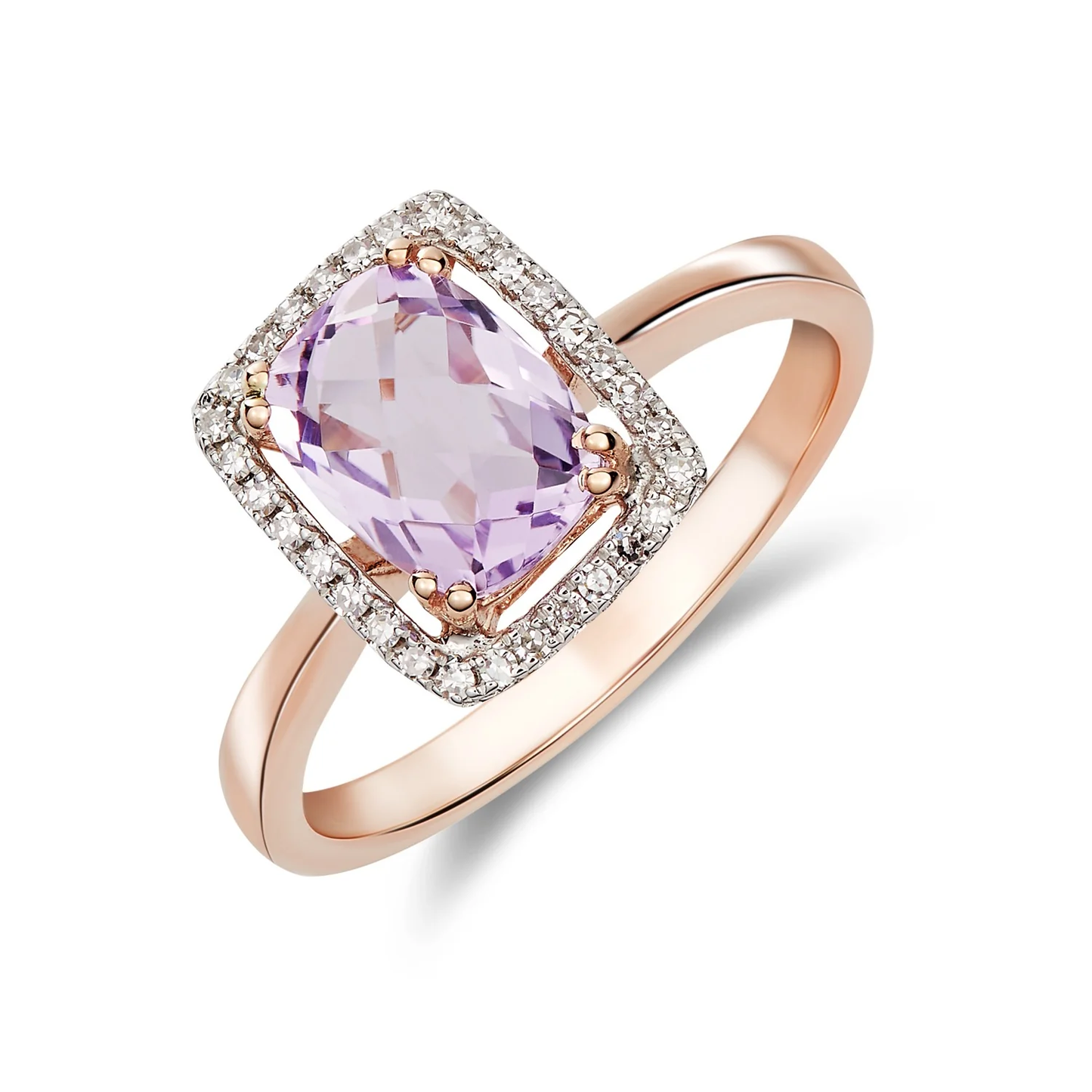 Elongated Cushion Pink Amethyst & Diamond Halo Cluster Ring in 9ct Rose Gold