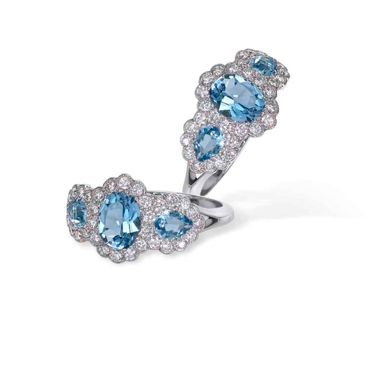 Aquamarine and Diamond Oval and Drop Triple Cluster Ring in Platinum