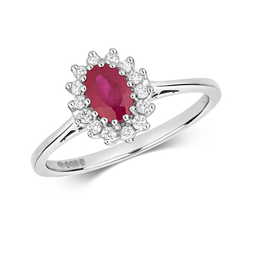 0.42ct Ruby Diamond Halo Cluster Engagement Ring in 9ct White Gold