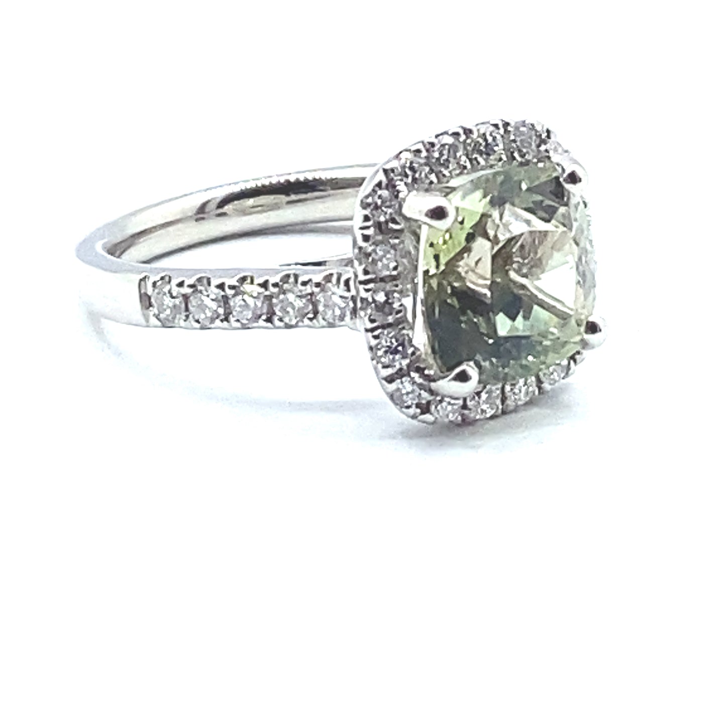 Square Cushion Cut Mint Green Tourmaline Diamond Halo Diamond Set Shoulders Ring in Platinum