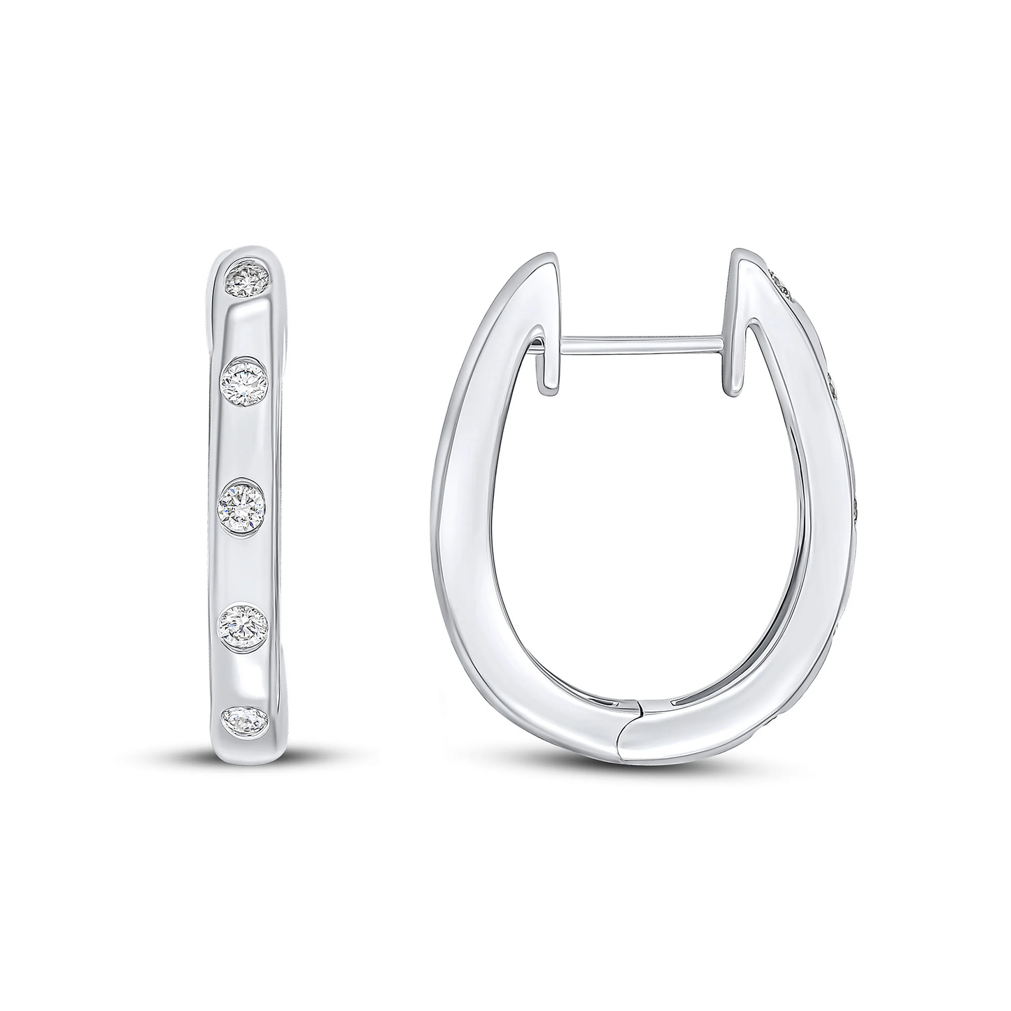 Round Diamond Flush Set Oval Hinged Huggy Hoop Earrings in 18ct White Gold