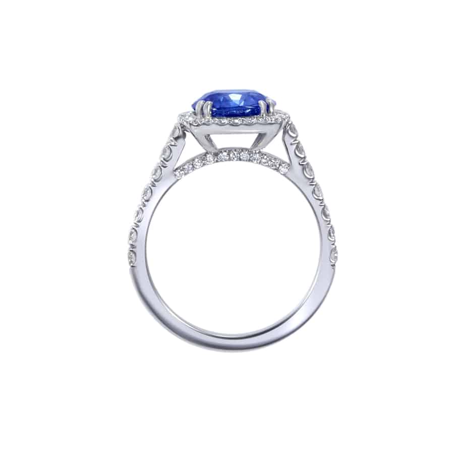 Cushion Cut Sapphire and Microset Diamond Cluster Ring in Platinum