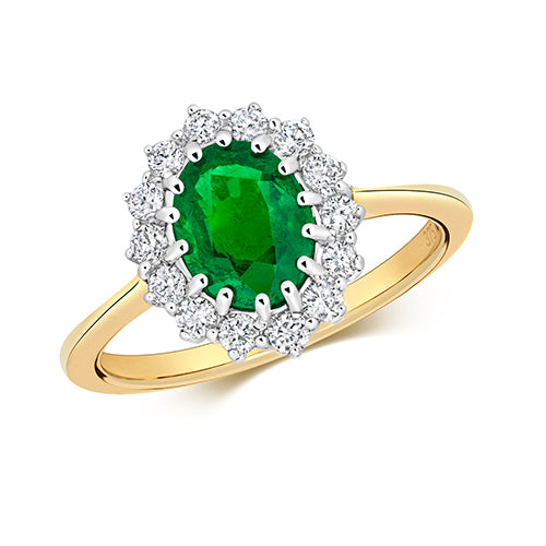 1.25ct Oval Emerald Diamond Halo Engagement Ring in 9ct Yellow Gold