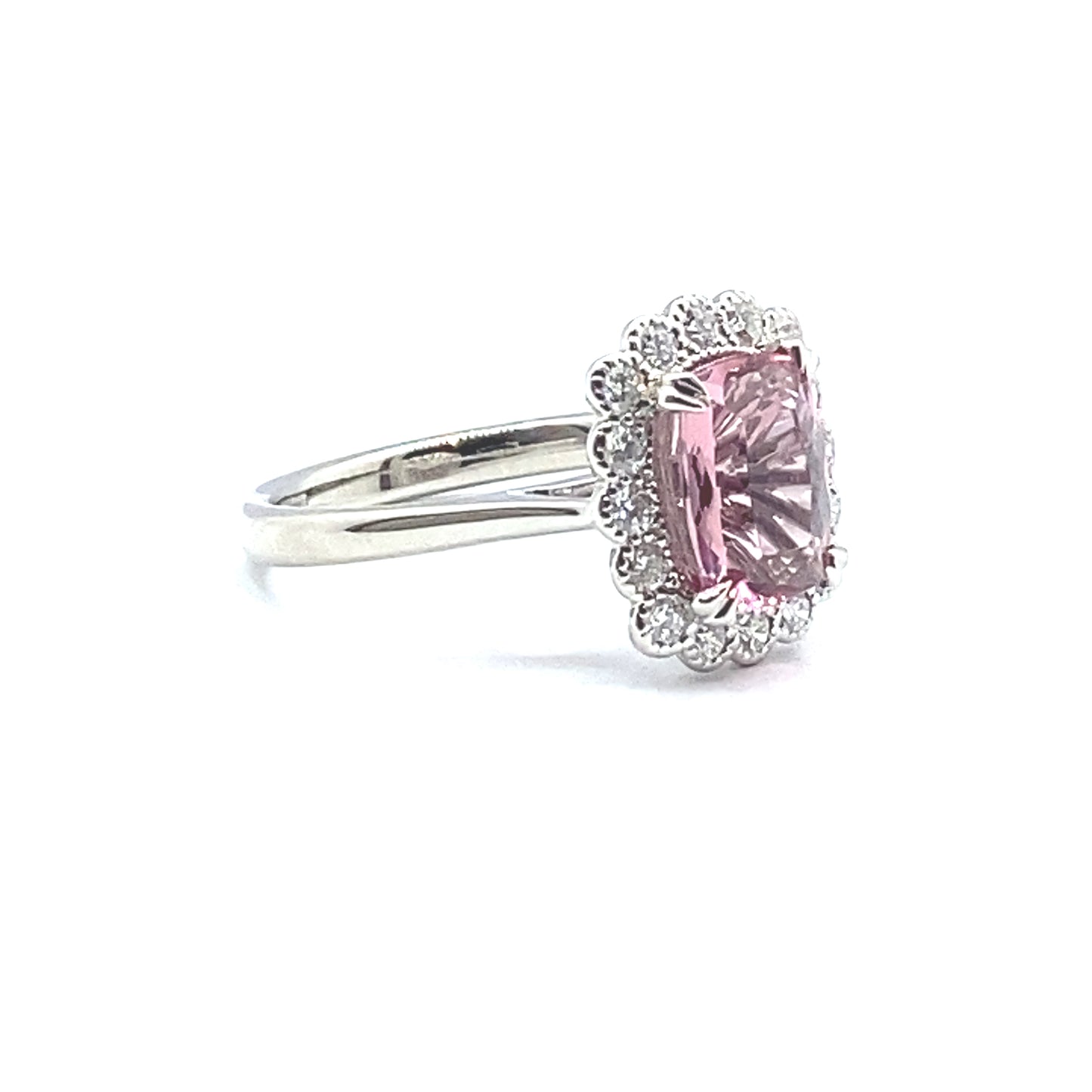 Cushion Cut Pink Tourmaline Scallop Set Diamond Halo Platinum Ring