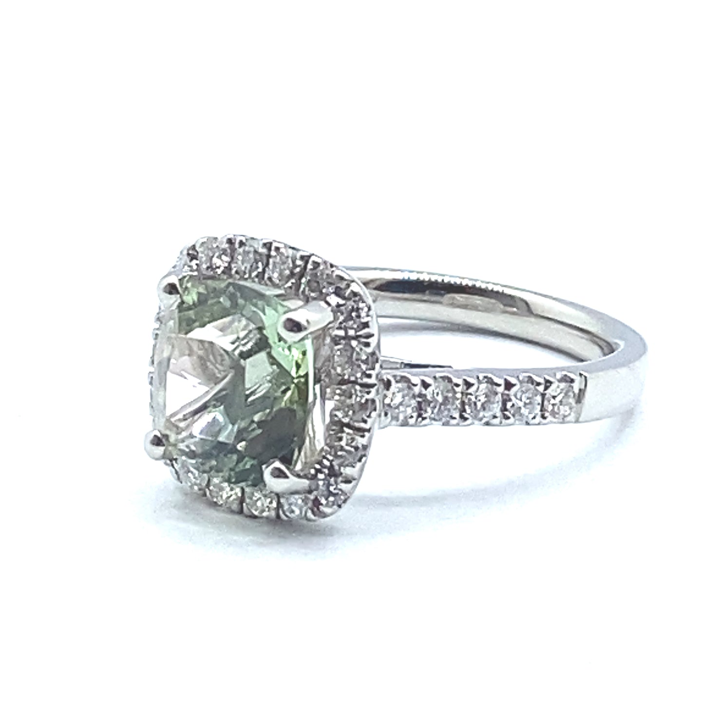 Square Cushion Cut Mint Green Tourmaline Diamond Halo Diamond Set Shoulders Ring in Platinum