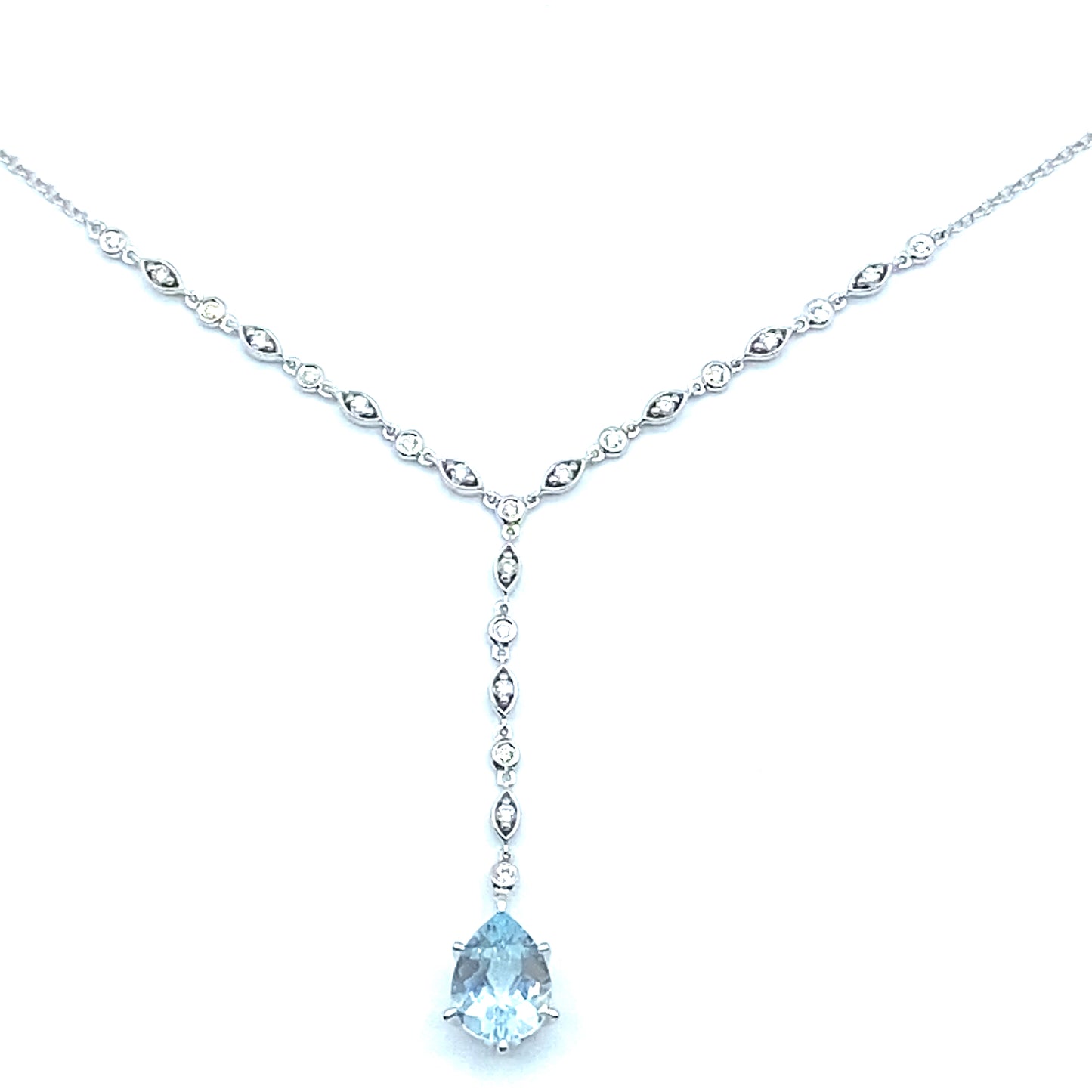 9ct White Gold Diamond & Aquamarine Necklace, Pear Cut Aqua