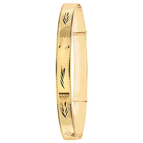 9ct Yellow Gold Ladies Gold Bangle Leaf Cut Design 6.5mm