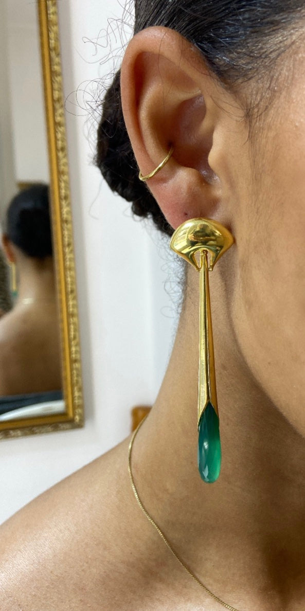 18ct Gold Vermeil Green Onyx Art Deco Style Drop Earring